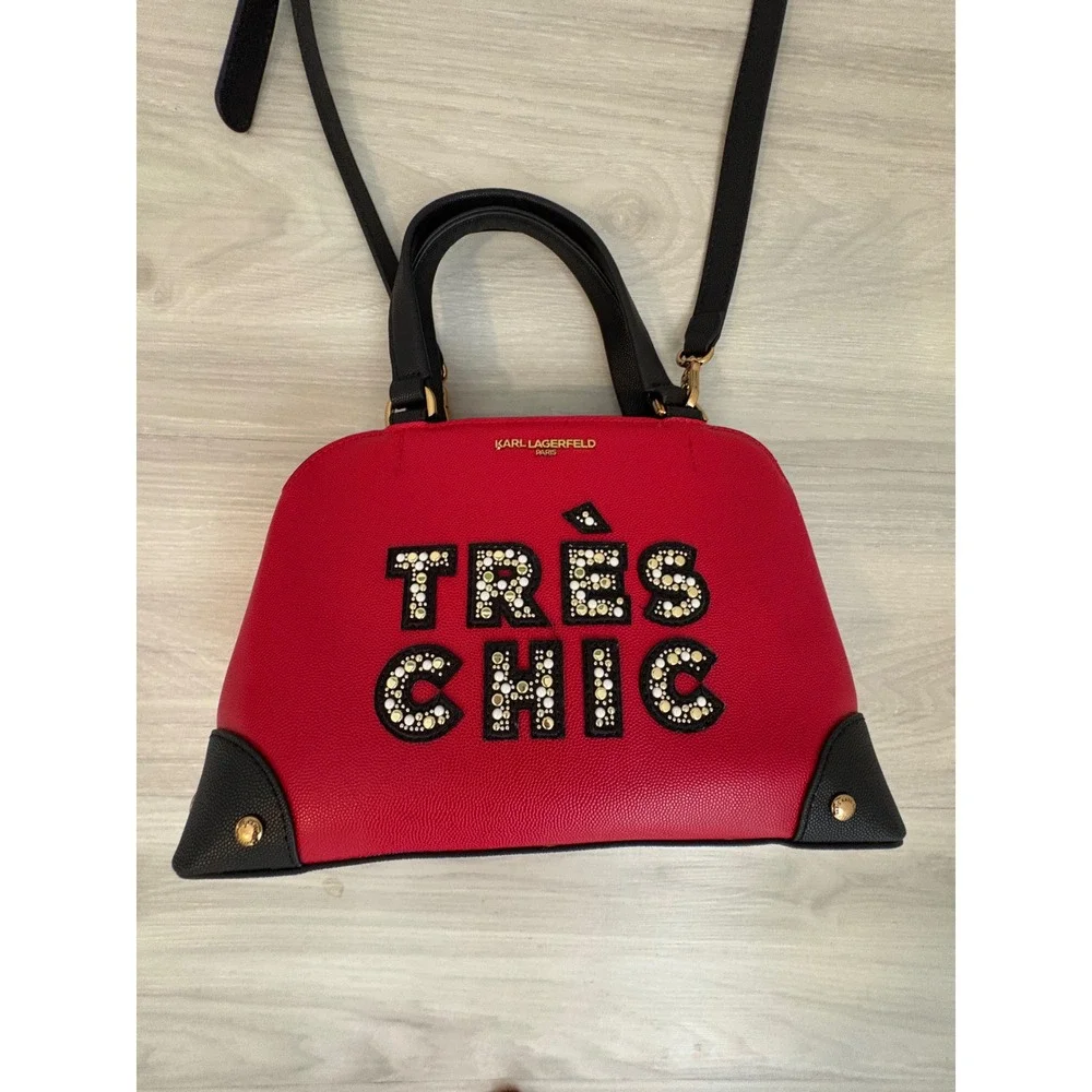 Karl Lagerfeld  Bag Women Paris Tres Chic Red Black Satchel Crossbody Handbag